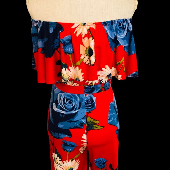 Red Floral Strapless Ruffle Flounce Top Belted Wide Leg Jumpsuit S - Picture 4 of 12